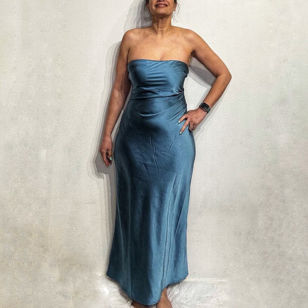 Runaway The Label Steel Blue Kristine Strapless Satin Maxi Dress Sz M